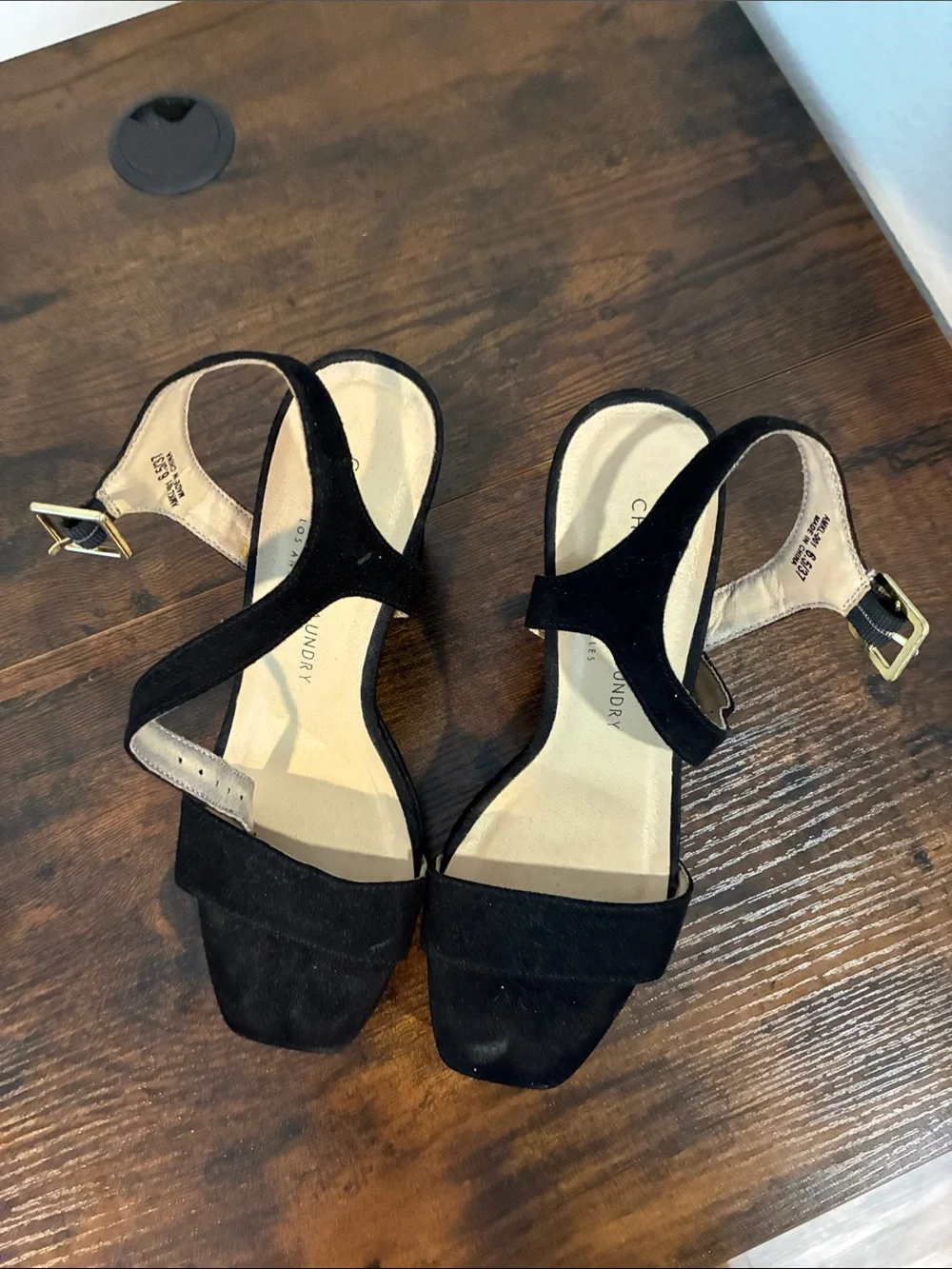 Black Platform Block Heel Sandals with Gold Buckles